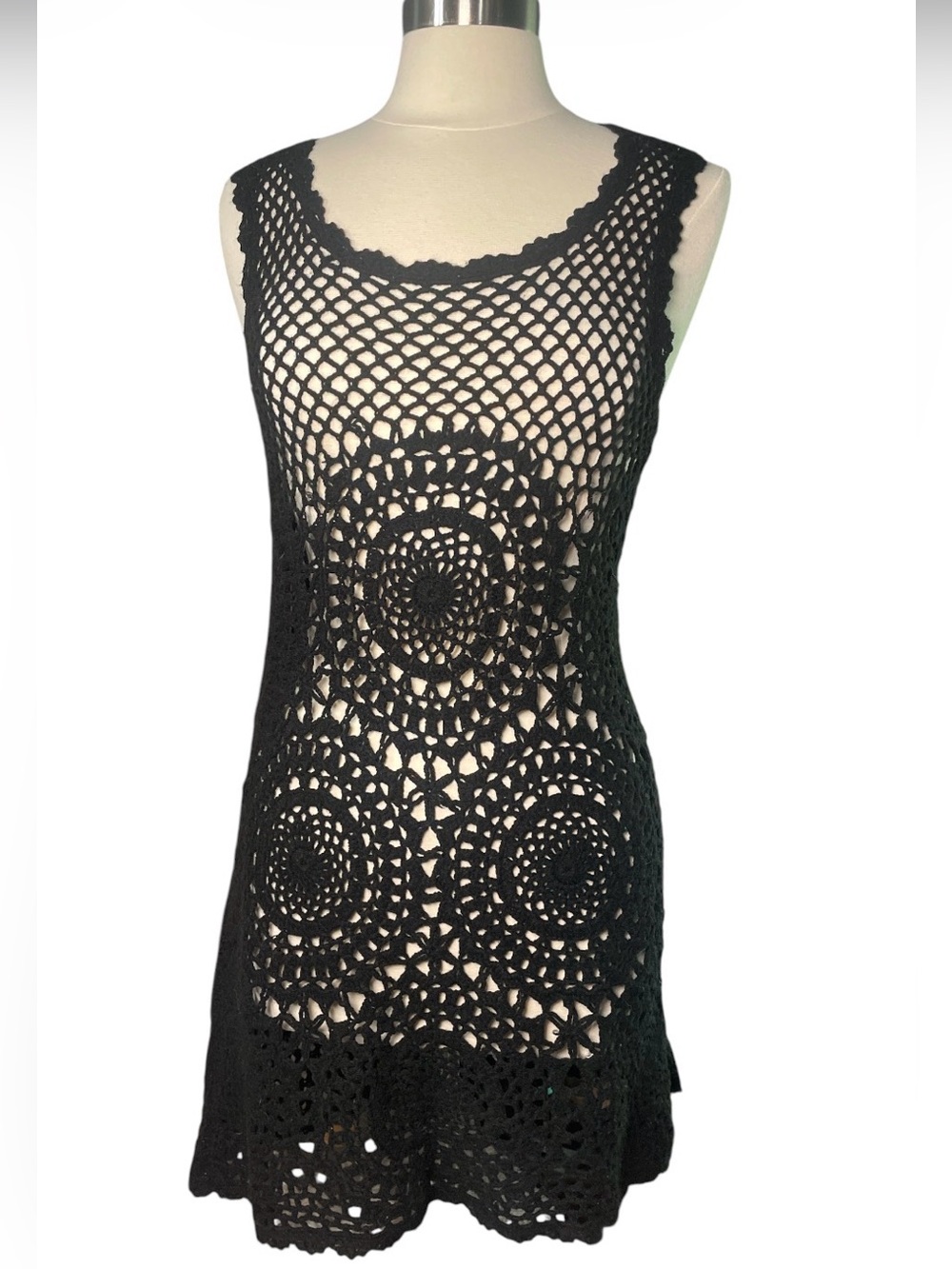Black Crochet Tank Tunic Dress Coverup Festival Layer Medium